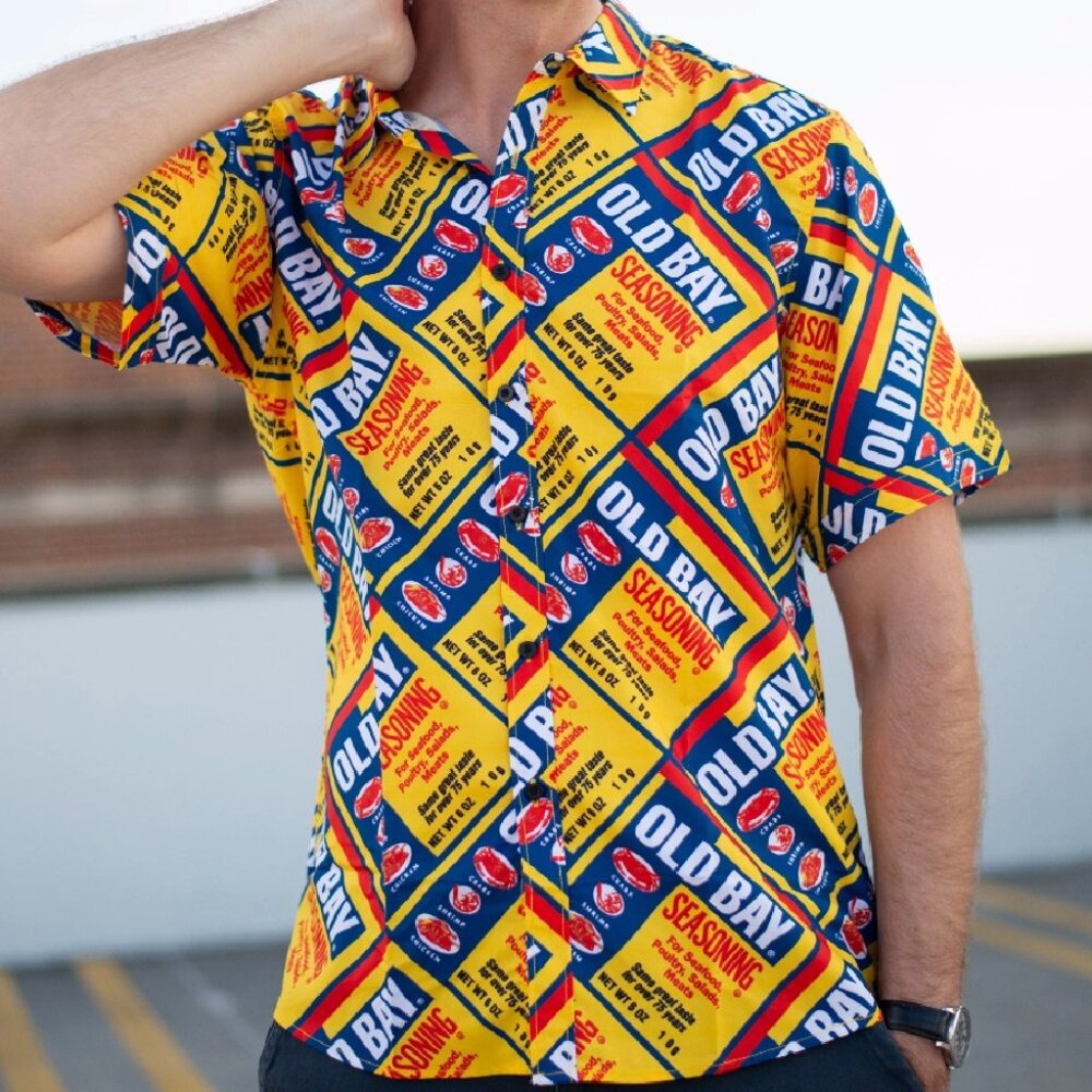 Old Bay Can Logo Hawaiian Style Dress Shirt - NEW Fast Ship